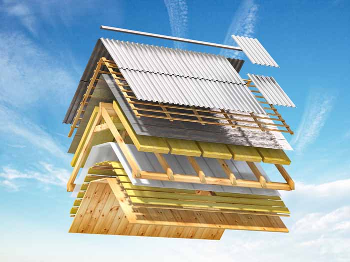 Roof covering in layers. Cross section and technical details of house roof. Metal sheets, different layers of insulation and wooden planks. 3d illustration